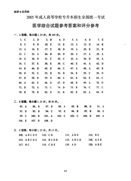 2005年全国成人高等学校（专升本）招生统一试卷及答案—医学综合（下）